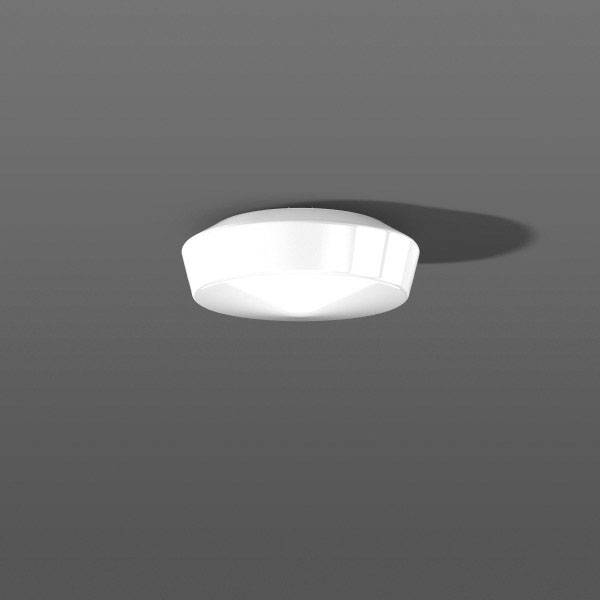 Eine runde, weiße Deckenlampe vor einem grauen Hintergrund.