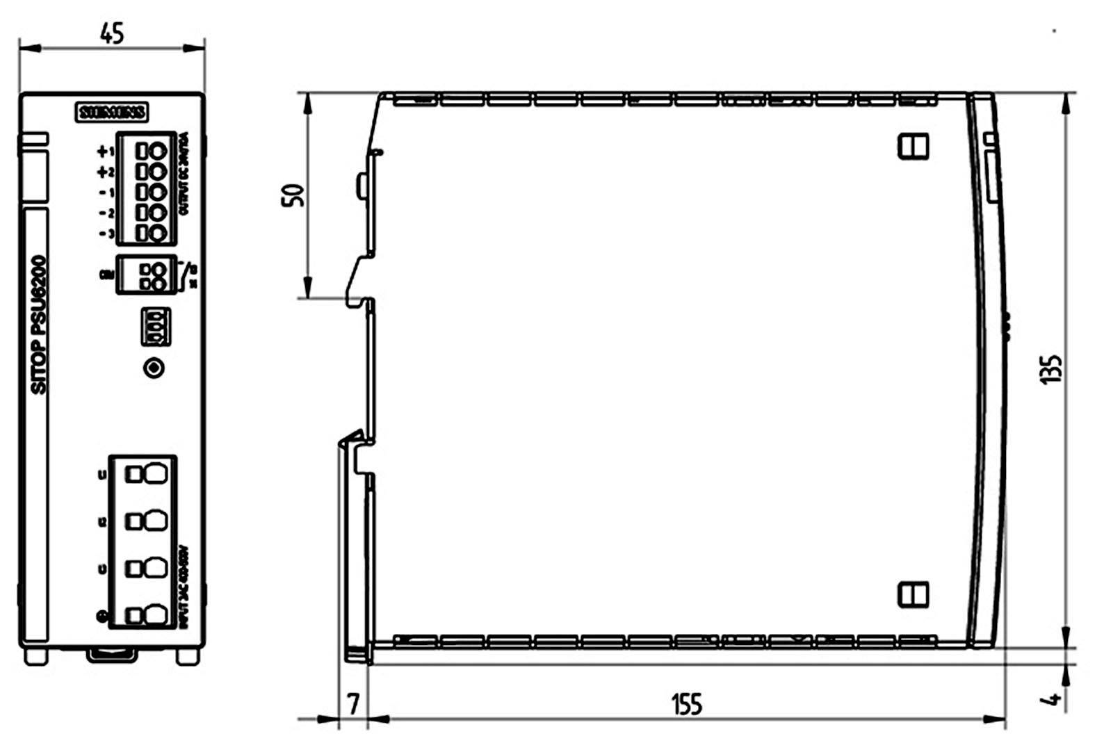 Technische Zeichnung eines elektronischen Geräts mit den Maßen: Höhe 135 mm, Breite 45 mm, Tiefe 155 mm. Modell 'SITOP PSU400M'.