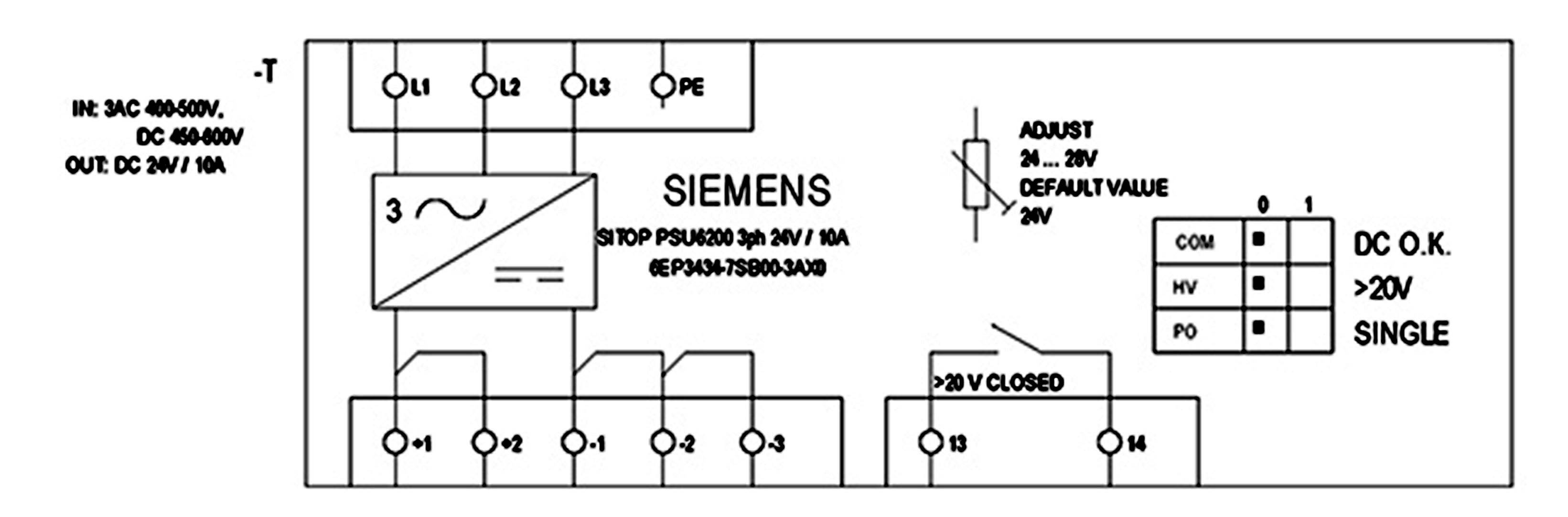 'Schaltplan für Siemens Stromversorgung 24V/1A. Zeigt Anschlüsse, Spannungsbereich und Konfiguration. Beinhaltet Sicherung und Schutz.'<br><br>