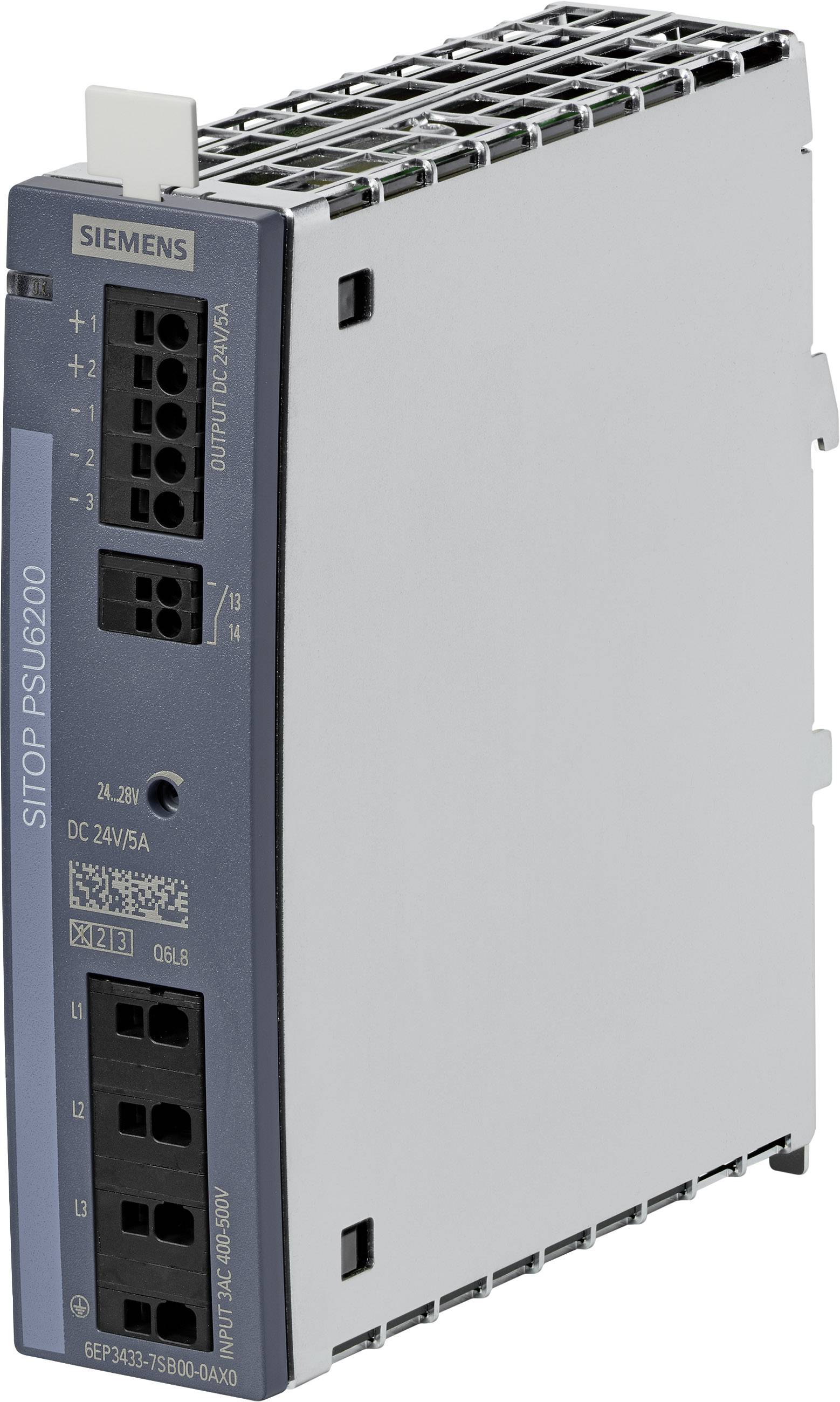 Ein graues Siemens SITOP PSU6200 Netzteil mit schwarzen Anschlüssen und blauer Front, zeigt Leistungs- und Spannungsspezifikationen.