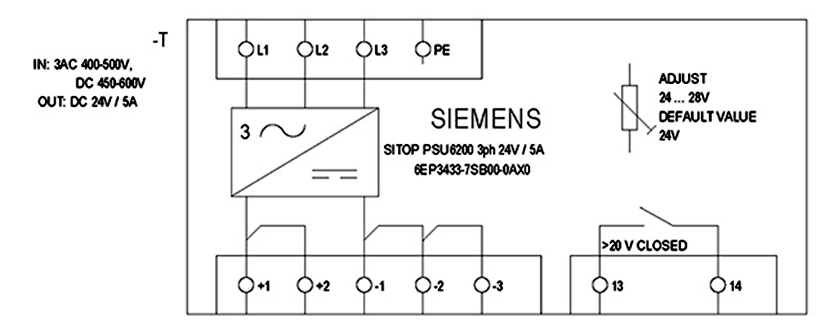 Schaltplan einer Siemens SITOP PSU6200 3ph 24V/5A Stromversorgung, zeigt Anschlüsse: 3-phasiger Eingang, DC-Ausgänge, Schutz- und Reglereinstellungen.