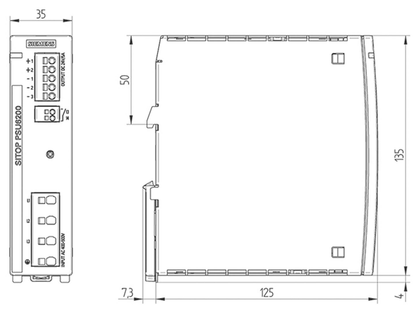 Technische Zeichnung eines Siemens SITOP PSU6200 Netzteils mit Abmessungen: 35 x 125 x 135 mm und Anschlussdetails.
