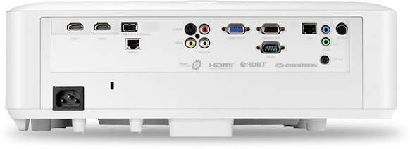 Die Rückseite eines Projektors mit verschiedenen Anschlüssen, darunter HDMI, VGA, USB und Audio-Ein- und Ausgänge.