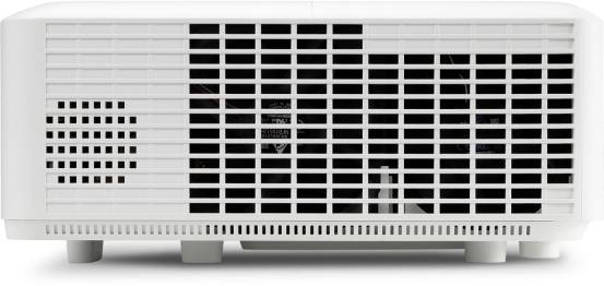 Vorderansicht eines weißen Projektors mit sichtbaren Lüftungsschlitzen und Standfüßen.