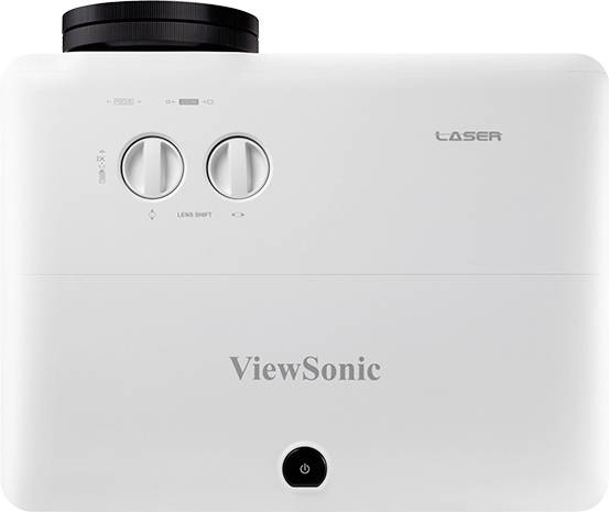 Ein weißer ViewSonic-Laserprojektor mit zwei Drehknöpfen zur Bildanpassung auf der Oberseite, geeignet für den Heimkinogebrauch.