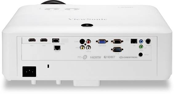 Projektor-Rückseite mit verschiedenen Anschlüssen: HDMI, USB, VGA, Audio- und Video-Eingänge. Markenlogo oben mittig.