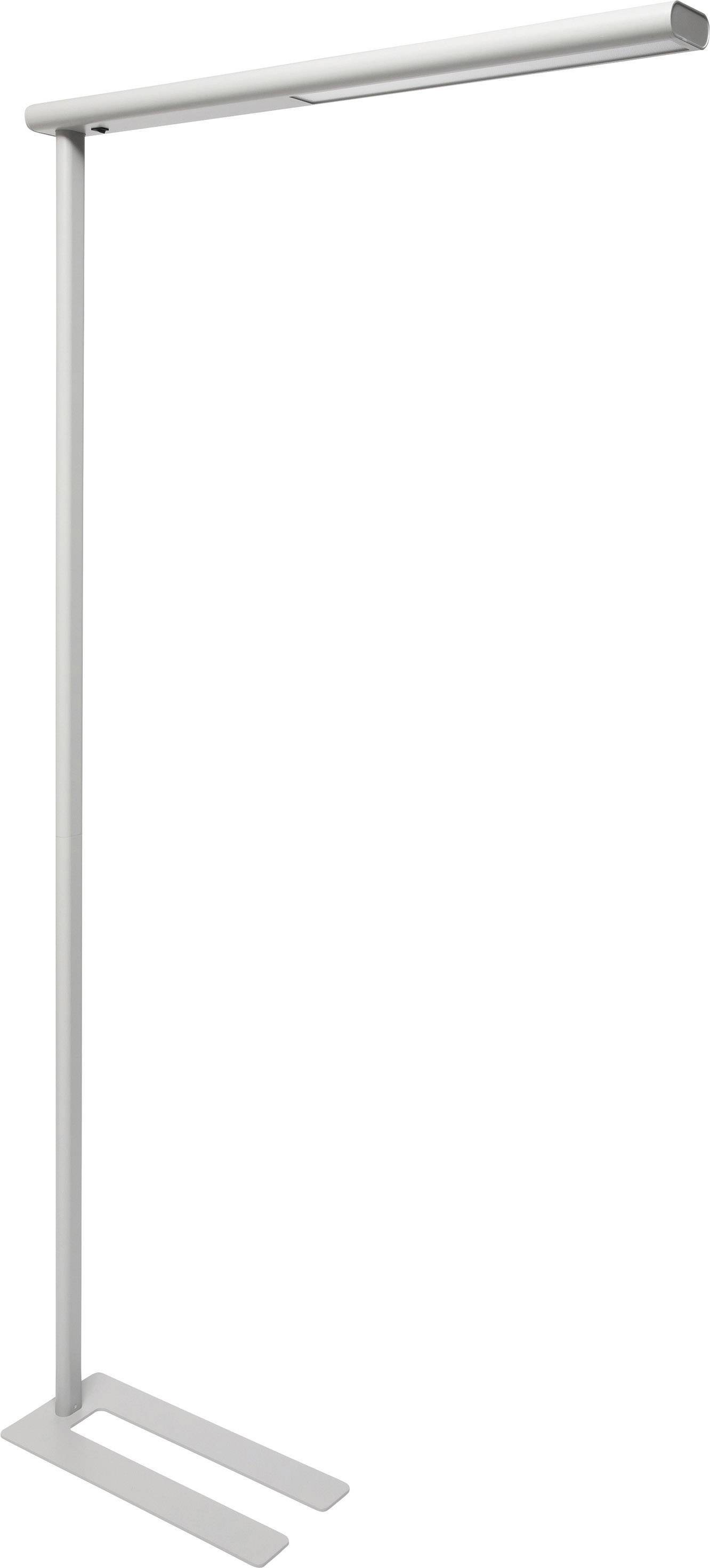 Stehlampe mit einem schlanken, modernen Design, silberner Farbe und rechteckigem Standfuß. Ideal für minimalistische Innenräume.