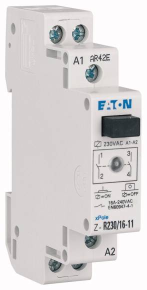 Einpoliger Hilfsschalter Eaton xPole mit der Bezeichnung Z-R230/16-11 für 230V Wechselstrom, zeigt Ein/Aus-Positionen.