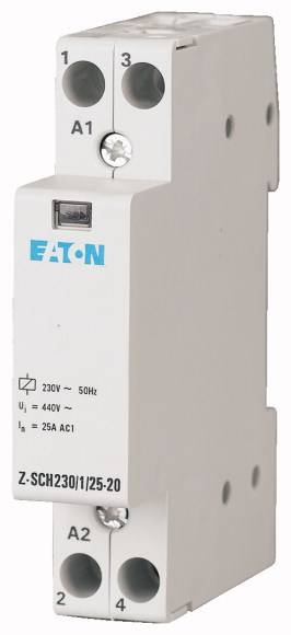 Schütz von EATON, Modell Z-SCH230/1/25-20, 230V, 50Hz, 440V, 25A AC1, für Schaltschränke oder elektronische Steuerungen.