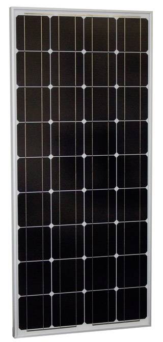 Ein Solarmodul mit rechteckigen schwarzen Solarzellen in einem Metallrahmen.