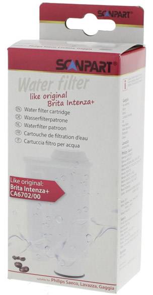 Verpackung eines Wasserfilters von Scanpart, kompatibel mit Brita Intenza+, Modellnummer CA6702/00, geeignet für Philips, Saeco, Lavazza, Gaggia.