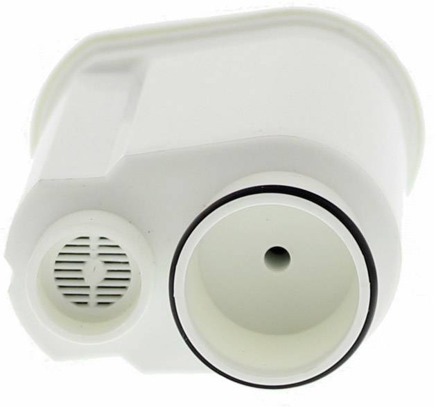 Ein weißer Wasserfilter mit einer runden Öffnung und einem kleinen, gitterartigen Loch daneben.