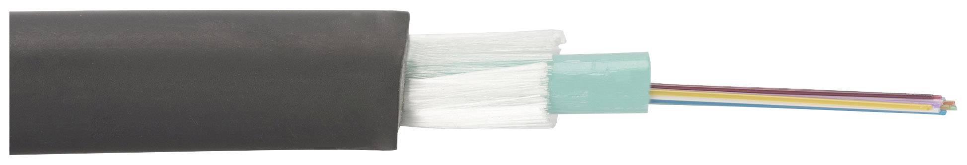 Ein aufgeschnittenes Glasfaserkabel zeigt seine innere Struktur: Außenmantel, Schutzschicht und bunte Glasfasern für Datenübertragung.