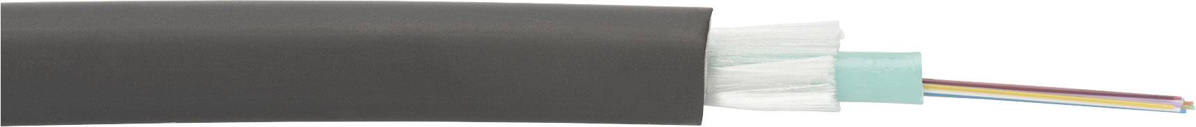 Querschnitt eines Glasfaserkabels, das äußere Schutzhülle, Füllmaterial und zentrale farbige Fasern zeigt.