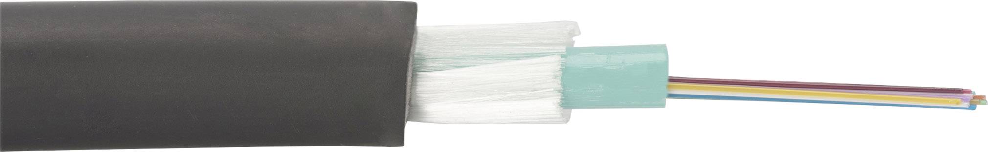 Ein Querschnitt eines Glasfaserkabels mit schwarzem Außenmantel zeigt farbige Glasfasern im Inneren.