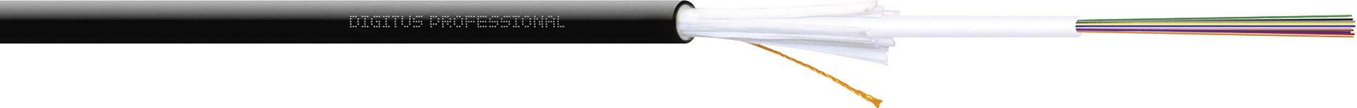 Ein schwarzes Kabel, das optische Fasern zeigt, die aus einer weißen Ummantelung herausragen.