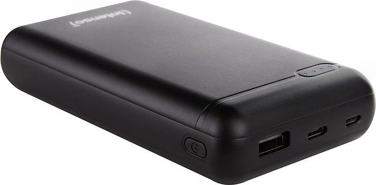 Tragbare Powerbank in schwarzem Gehäuse mit USB-Anschlüssen und Ladestandanzeige.