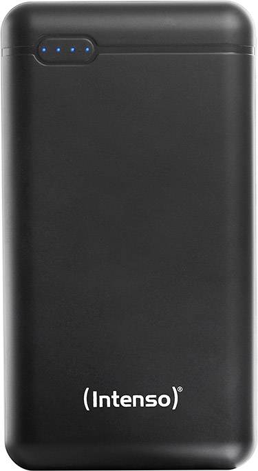 Eine schwarze Powerbank mit dem Schriftzug 'Intenso' und vier blauen LED-Leuchten zur Anzeige des Ladestands.