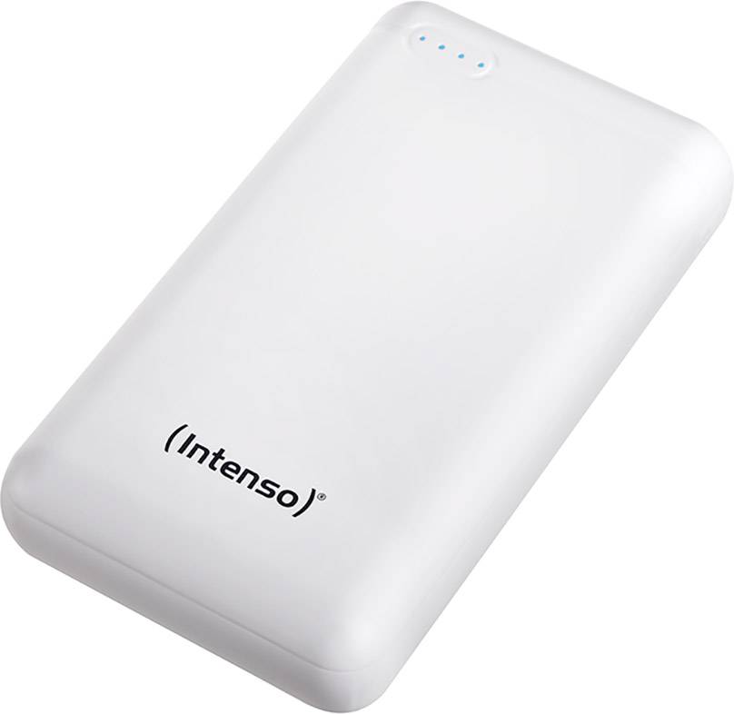 Eine weiße tragbare Powerbank der Marke Intenso mit blauen LED-Anzeigen zur Batteriestatusanzeige auf der Oberseite.