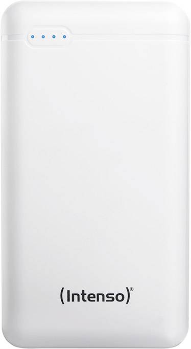 Ein weißes tragbares Ladegerät der Marke Intenso mit vier blauen LED-Anzeigen oben links zur Anzeige des Batteriestands.
