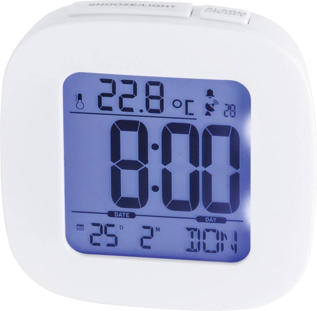 Ein digitaler Wecker zeigt '8:00' Uhr an. Die Temperaturanzeige zeigt '22,8 °C'. Unten ist das Datum '25', '2', und der Wochentag 'Son'.