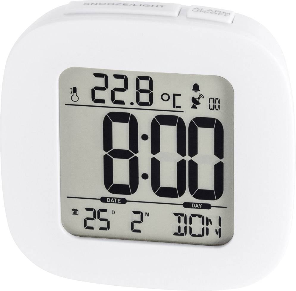 Digitaler Wecker mit großer Anzeige zeigt 8:00 Uhr, 22,8°C, Datum 25.2. und Wochentag Montag. Symbole für Alarm und Batteriezustand.