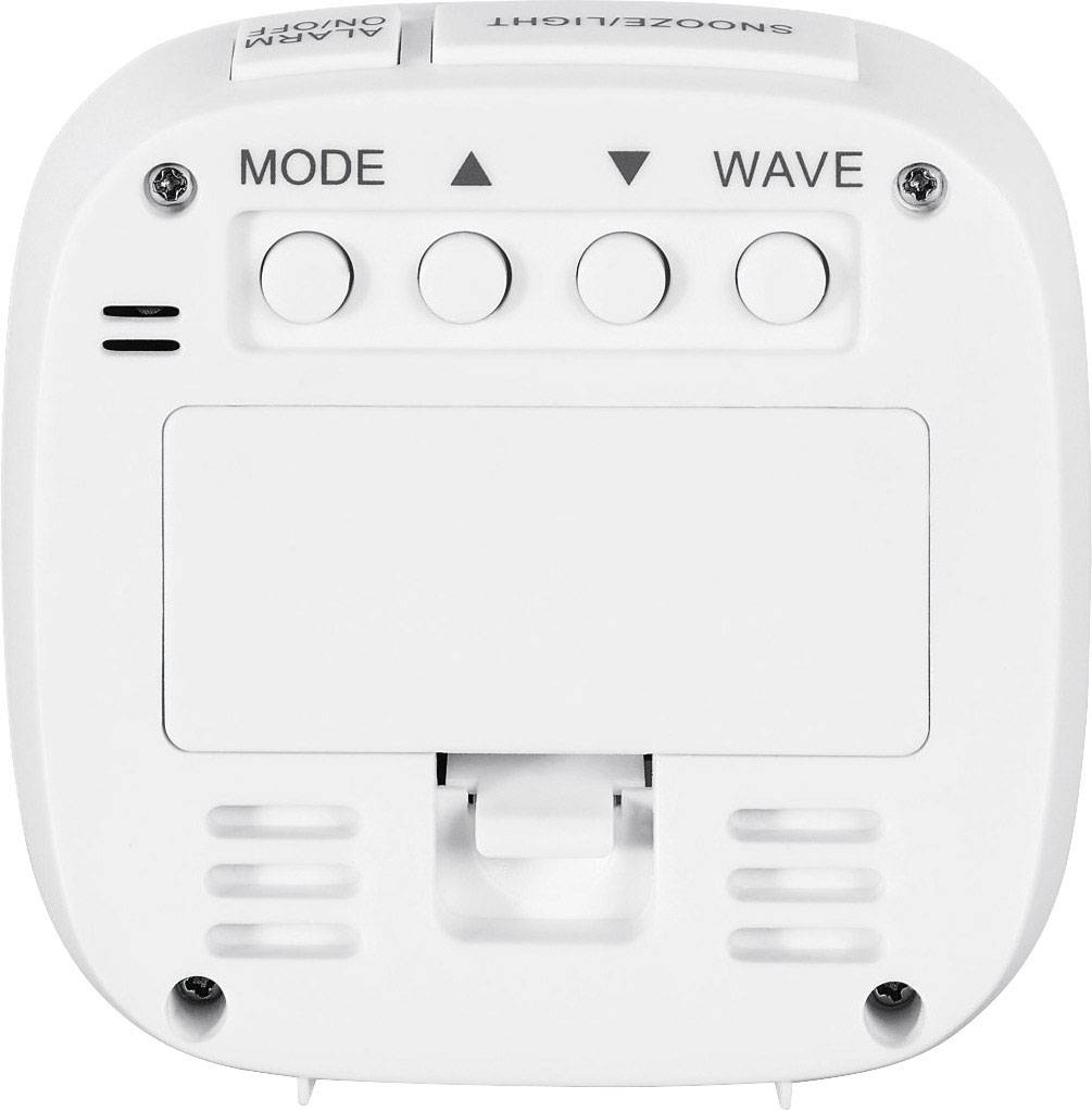 Ein weißes elektrisches Gerät mit vier Tasten oben: MODE, WAVE, und zwei Dreieckssymbole. Der Zweck des Geräts ist unklar.