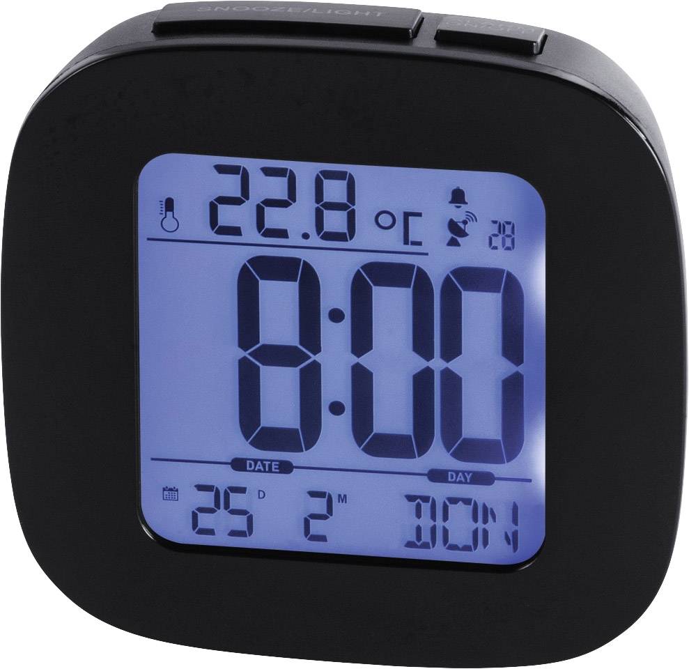 Ein digitaler Wecker zeigt 8:00 Uhr an. Die Anzeige leuchtet blau und zeigt auch die Temperatur von 22,8 °C sowie das Datum an.