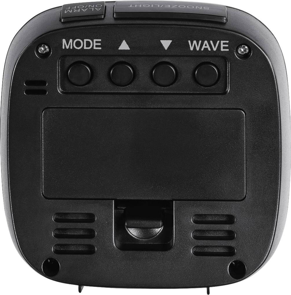 Schwarze Rückseite eines digitalen Weckers mit vier Tasten: 'Mode', 'Wave', plus zwei Adjustierpfeile. Oben: 'Snooze/Light', 'Alarm On/Off'.