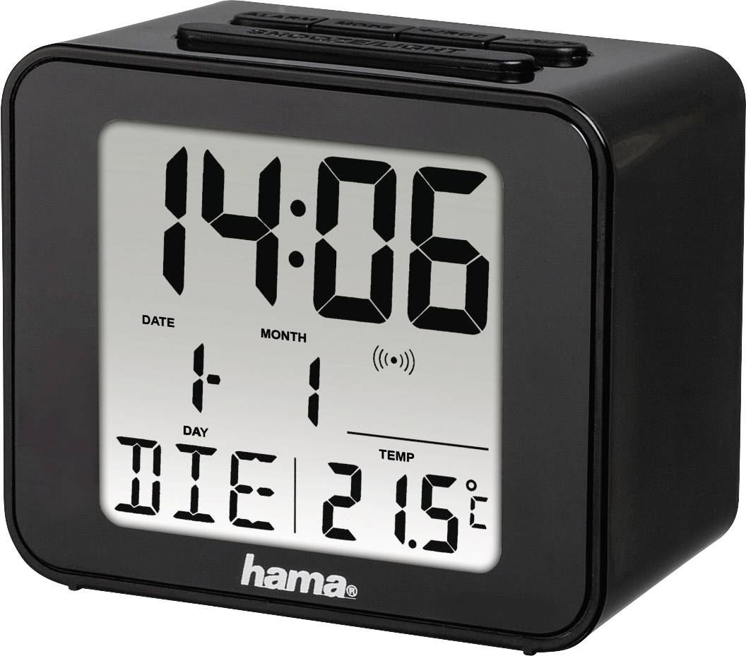 Digitaler Wecker zeigt 14:06 Uhr, Datum 1. Januar, Wochentag Dienstag und Temperatur 21,5°C an.