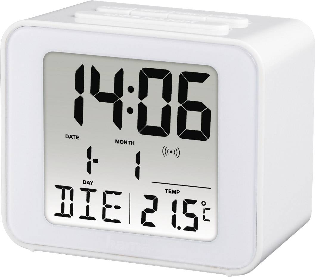 Digitaler Wecker zeigt Uhrzeit 14:06, Datum 1. Januar, Wochentag Dienstag, und Temperatur 21,5°C.