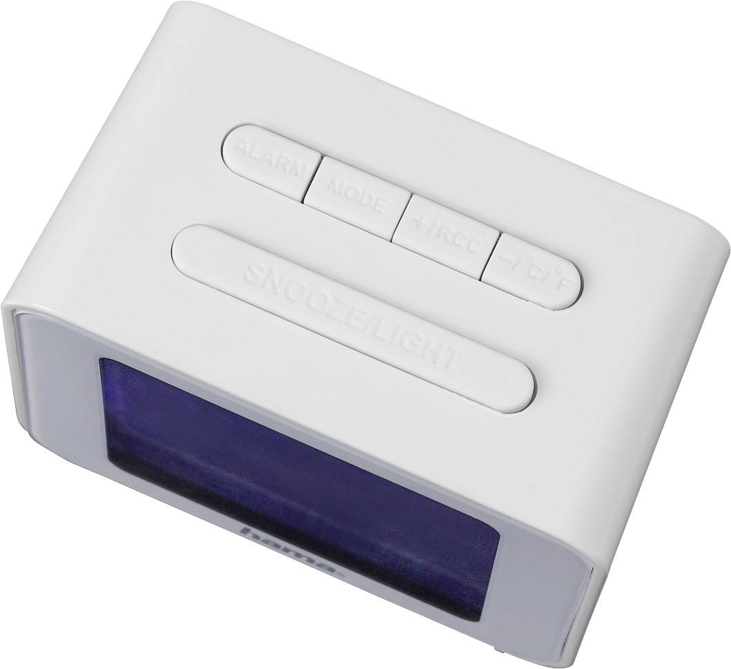Ein digitaler Wecker mit rechteckigem Display, umgeben von weißen Tasten, einschließlich 'Alarm', 'Mode', '+Hr/CC', und 'Snooze/Light'.