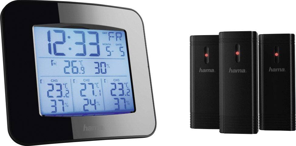 Digitales Thermometer mit großem Display zeigt Uhrzeit, Datum und drei Temperaturkanäle von Sensoren. Drei schwarze Sensoren daneben.