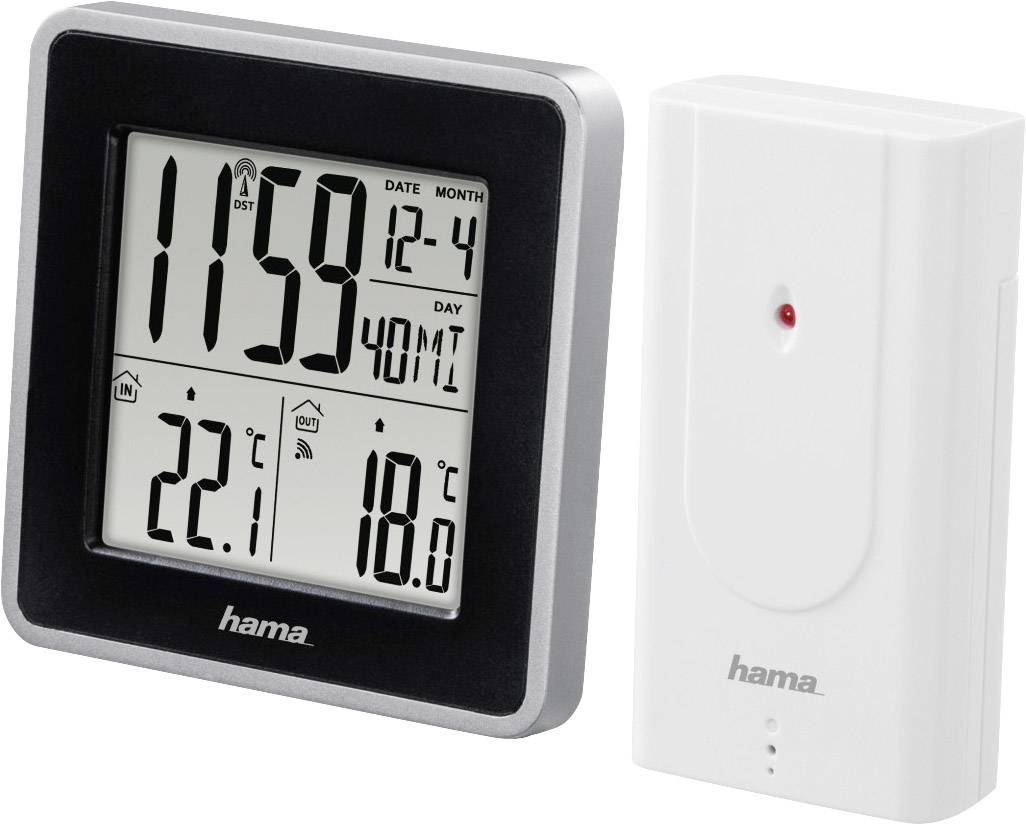 Schwarze digitale Wetterstation-Anzeige mit Uhrzeit, Datum, Innentemperatur (22,1°C) und Außentemperatur (18,0°C); weißer Außensensor.