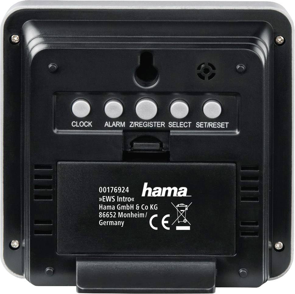Rückseite eines digitalen Weckers mit Tasten zur Einstellungen von Uhrzeit und Alarm. Herstellerangaben Siegel: Hama GmbH & Co KG.