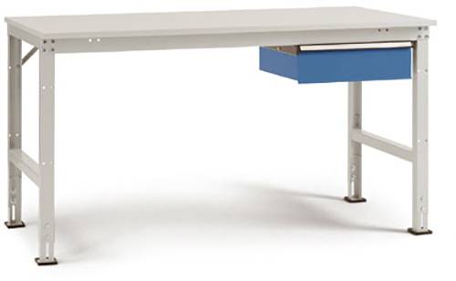 Ein schlichter, weißer Bürotisch mit einem blauen Schubfach auf der rechten Seite. Der Tisch hat vier stabile Metallbeine.
