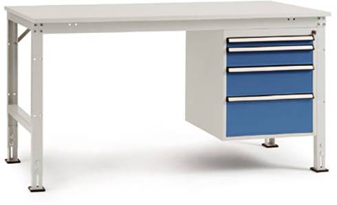 Ein weißer Schreibtisch mit einem Seitenschrank mit drei blauen Schubladen auf der rechten Seite. Der Tisch hat ein schlichtes Design.