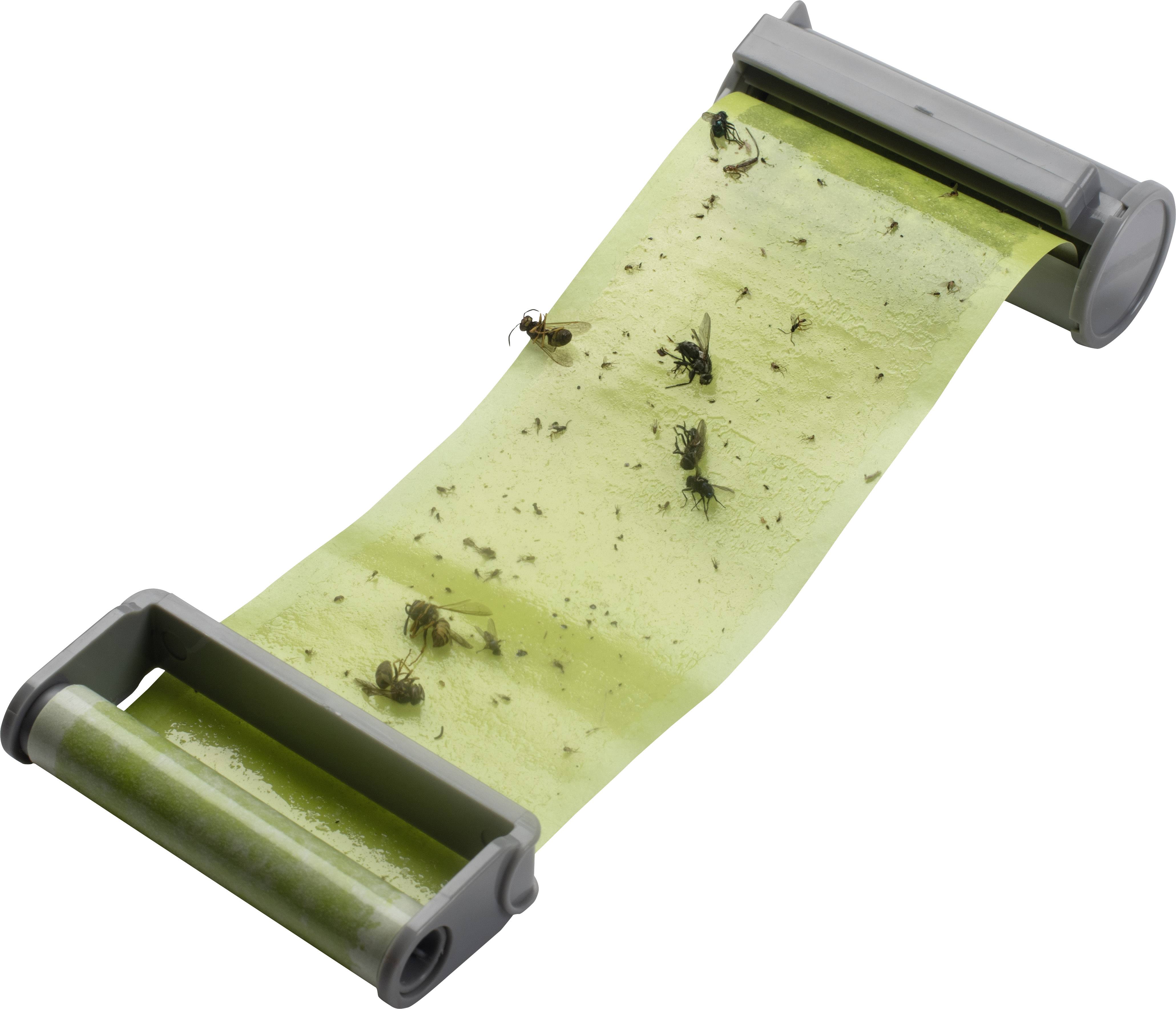 Klebriges Fliegenpapier mit mehreren gefangenen Fliegen auf einer Rolle.