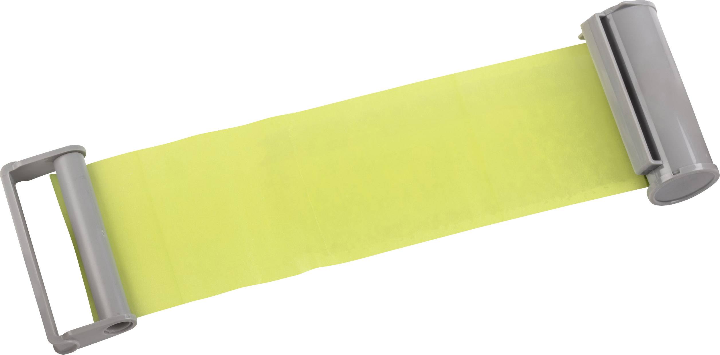 Ein reflektierendes gelbes Sicherheitsband mit grauen Enden, das zur Erhöhung der Sichtbarkeit verwendet wird.