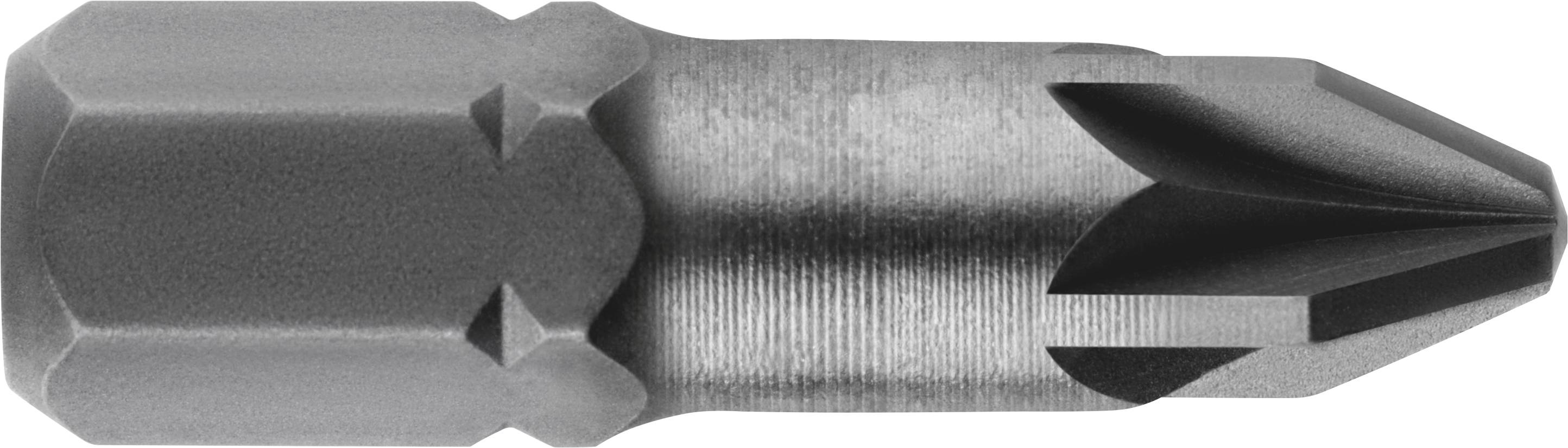 Ein Kreuzschlitz-Schraubendreher-Bit aus silberfarbenem Metall, zeigt die Spitze und die sechseckige Halterung für das Werkzeug.