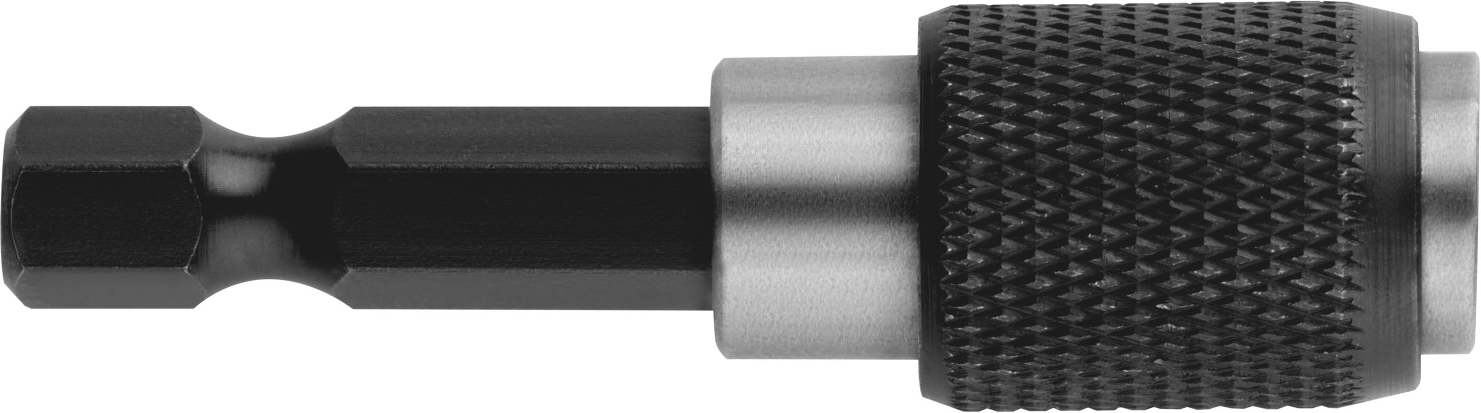 Kraftform Bit-Halter aus schwarzem Metall und strukturiertem Griff, für den Antrieb von Schrauben mit Elektrowerkzeugen oder Handschraubendrehern.