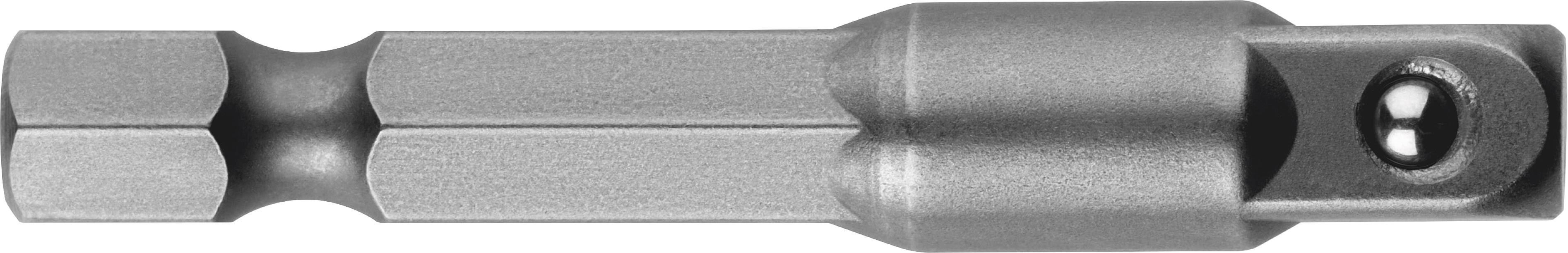 Silberner Stecknussadapter mit sechseckigem Schaft, ermöglicht den Einsatz von Stecknüssen in Akkuschraubern oder Bohrmaschinen.