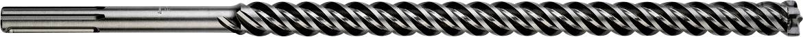 Nahaufnahme eines Metallbohrers mit schwarzer spiralförmiger Spitze und silbernem Schaft, horizontal auf weißem Hintergrund dargestellt.