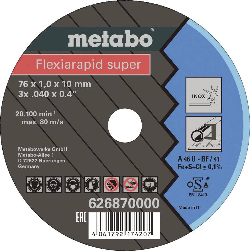 Schleifscheibe 'Flexiarapid super' von Metabo, Durchmesser 76 mm, Dicke 1,0 mm, für Stahl und Edelstahl. Maximale Drehzahl 20.100 U/min.