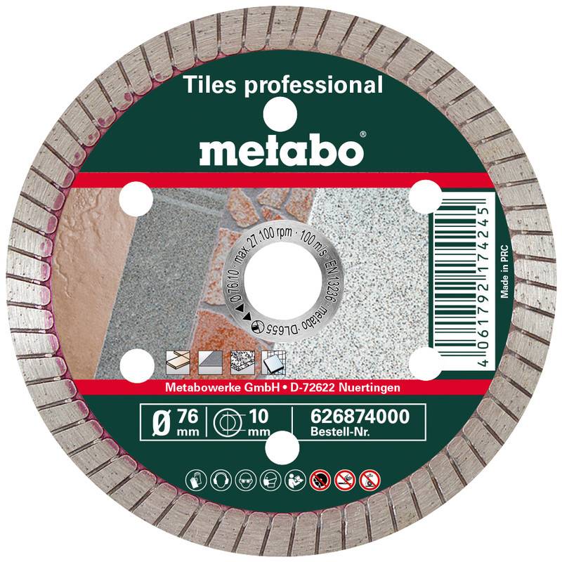 Etiketts der kreisförmigen Metabo-Diamantfliesenschneidklinge mit Produktdetails, Größe 76 mm, 10 mm Bohrung und Strichcode.