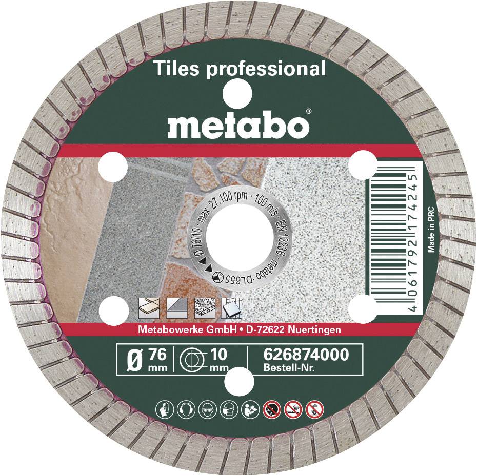 Runde Fliesenschneidescheibe mit Sägezähnen, Text 'metabo', 'Tiles professional'. Durchmesser 76 mm, passend für Metabowerke GmbH.