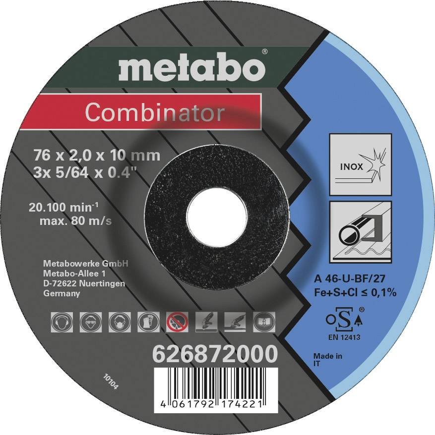 Trennscheibe Metabo Combinator, 76 x 2,0 x 10 mm. Max. Drehzahl 20.100 min⁻¹. Infos zur Zusammensetzung: Fe+S+Cl ≤ 0,1%. Made in IT.