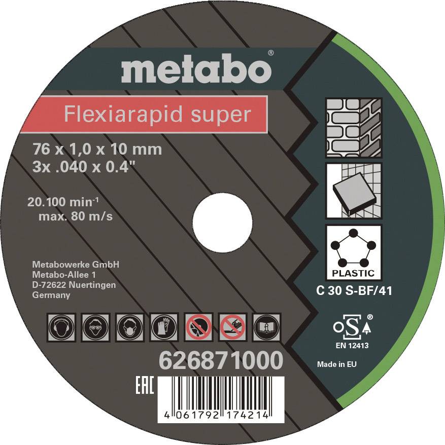 Schleifscheibe von Metabo, Modell 'Flexiarapid super', geeignet für Kunststoff. Maße: 76 x 1,0 x 10 mm. Drehzahl bis 20.100 U/min.