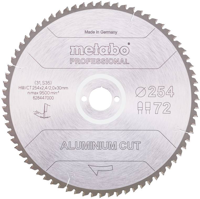 Metabo Professional Aluminium-Trennkreissägeblatt, 254 mm Durchmesser, 72 Zähne, hergestellt in Deutschland.