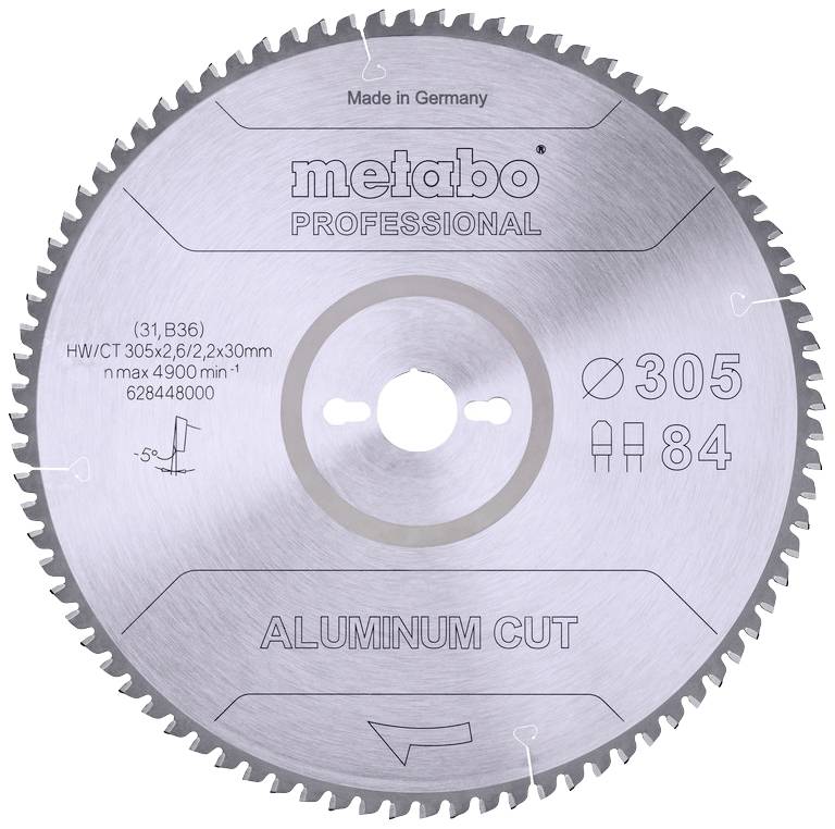 Metallsägeblatt mit der Aufschrift 'Metabo Professional'. Spezifikationen: Durchmesser 305 mm, 84 Zähne, geeignet für Aluminiumschnitte.